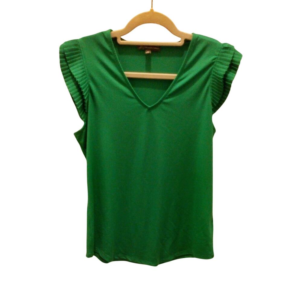 Adrianna Papell Blouse Women's S Green Pleated Flutter Sleeve V Neck Stretch